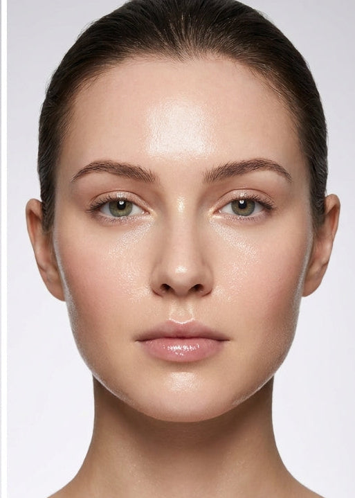 A side-by-side before and after comparison of a woman's face, showing a skincare or makeup treatment result. The left side displays natural skin texture and tone, while the right side shows a smoother, more radiant complexion against a light gray background.
